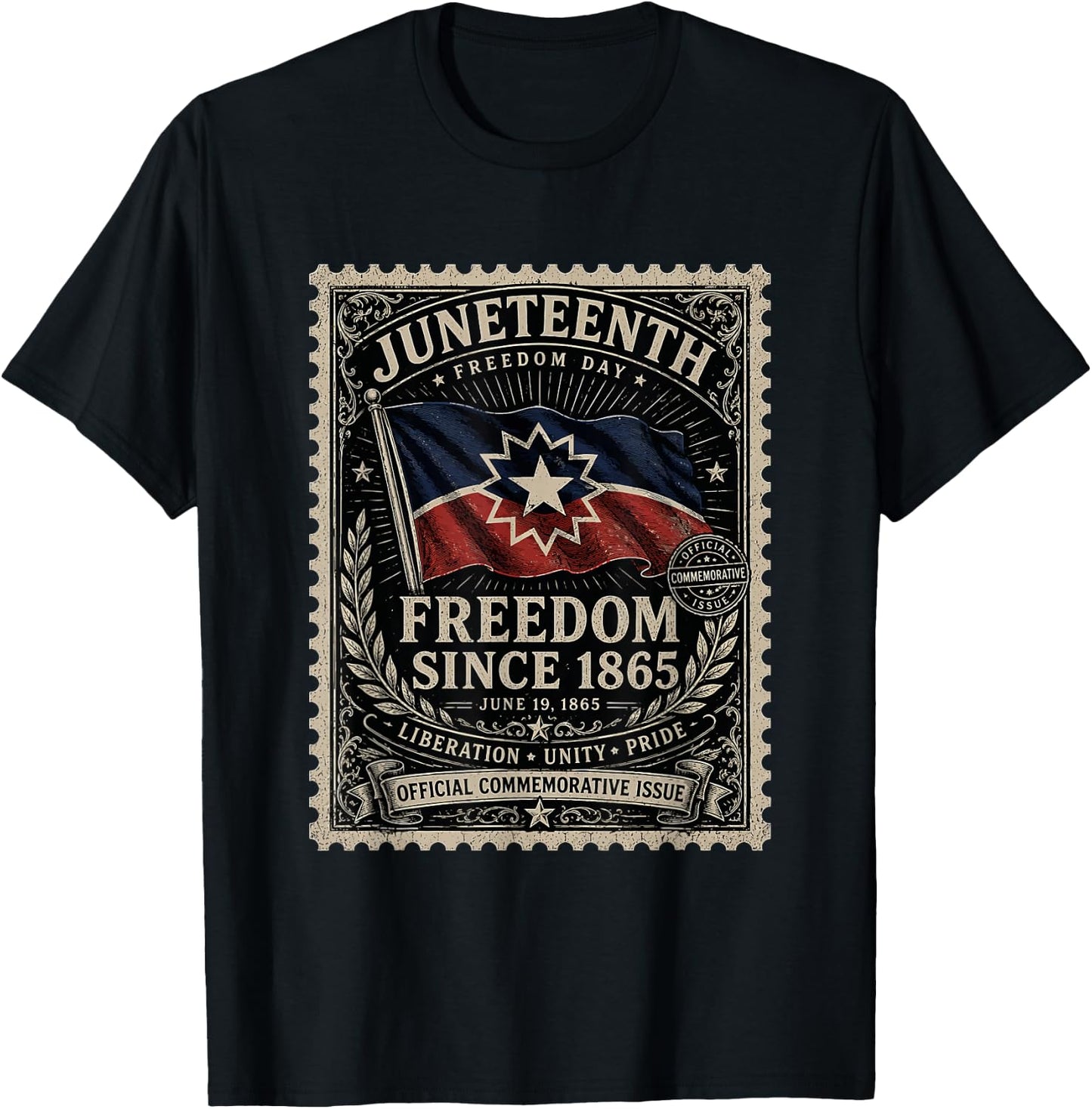 Distressed American Juneteenth Flag Colors Freedom Day Stamp T-Shirt - T-Shirt | Black