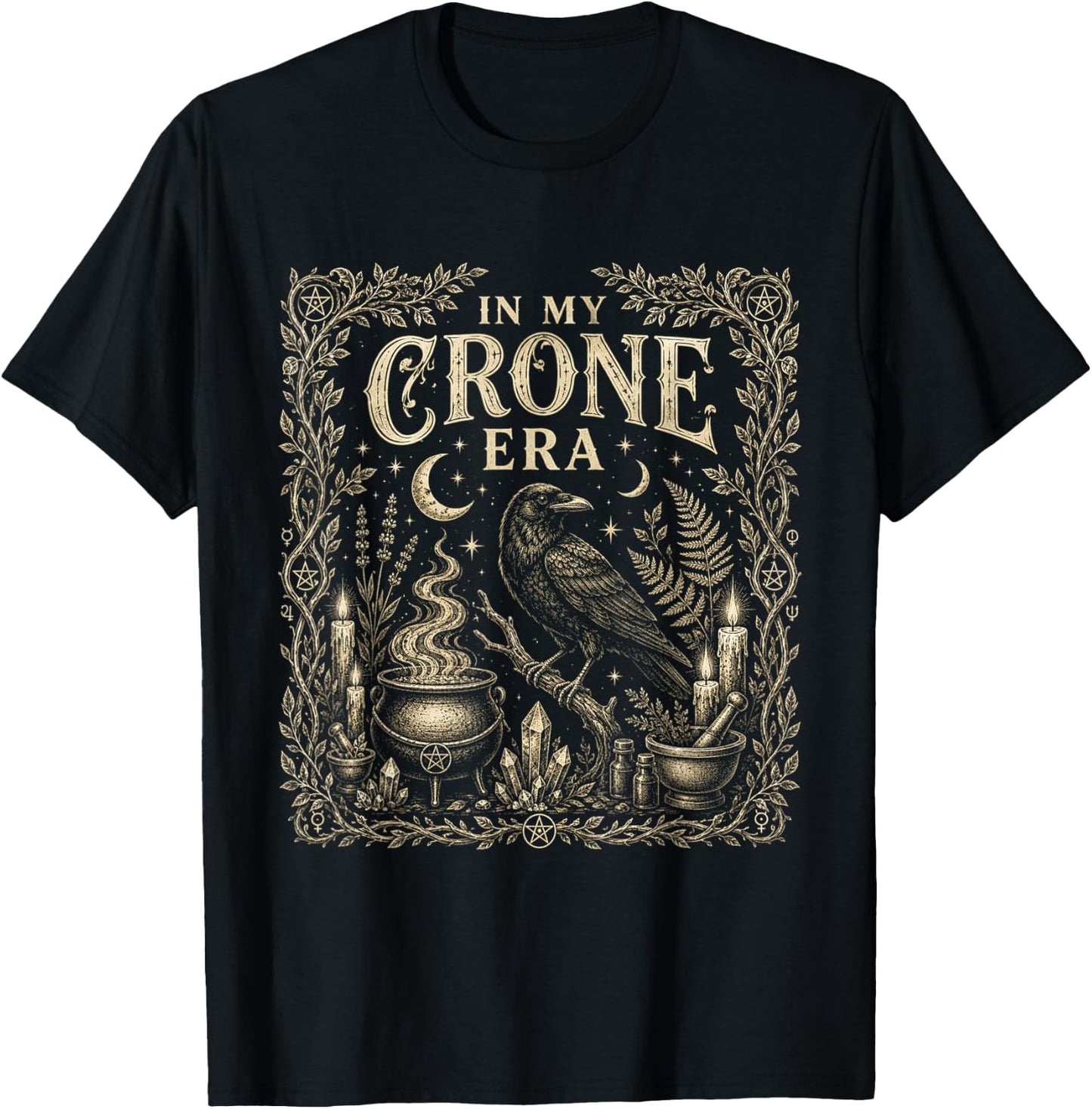 in My Crone Era Witchy Raven Cauldron Goth Witch T-Shirt - T-Shirt | Black