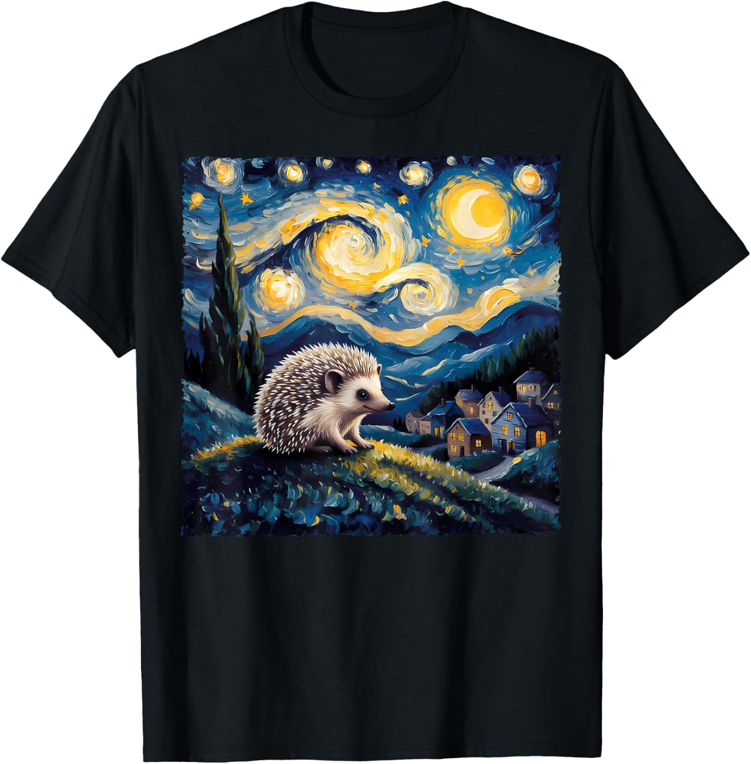 Van Gogh Style Funny Hedgehog Lover Starry Night Painting T-Shirt - T-Shirt | Black