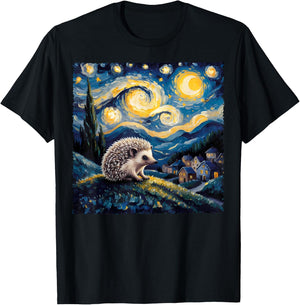 Van Gogh Style Funny Hedgehog Lover Starry Night Painting T-Shirt - T-Shirt | Black