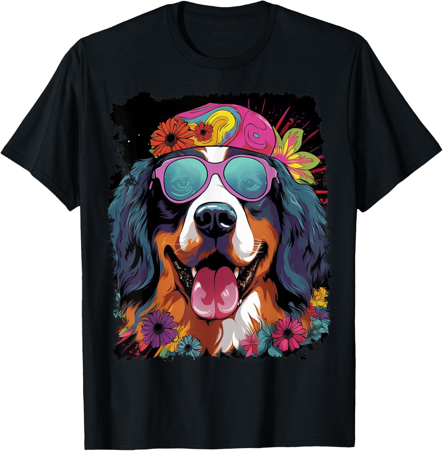 Pop Art Bernese Mountain Dog Flower Love Peace T-Shirt - T-Shirt | Black