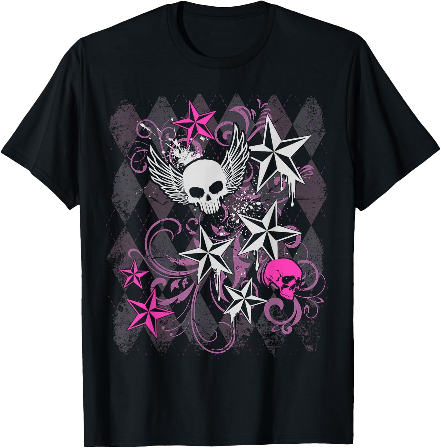 Y2k Grunge with Skull Wings Star Hot Pink 2000s Emo Teen T-Shirt - T-Shirt | Black