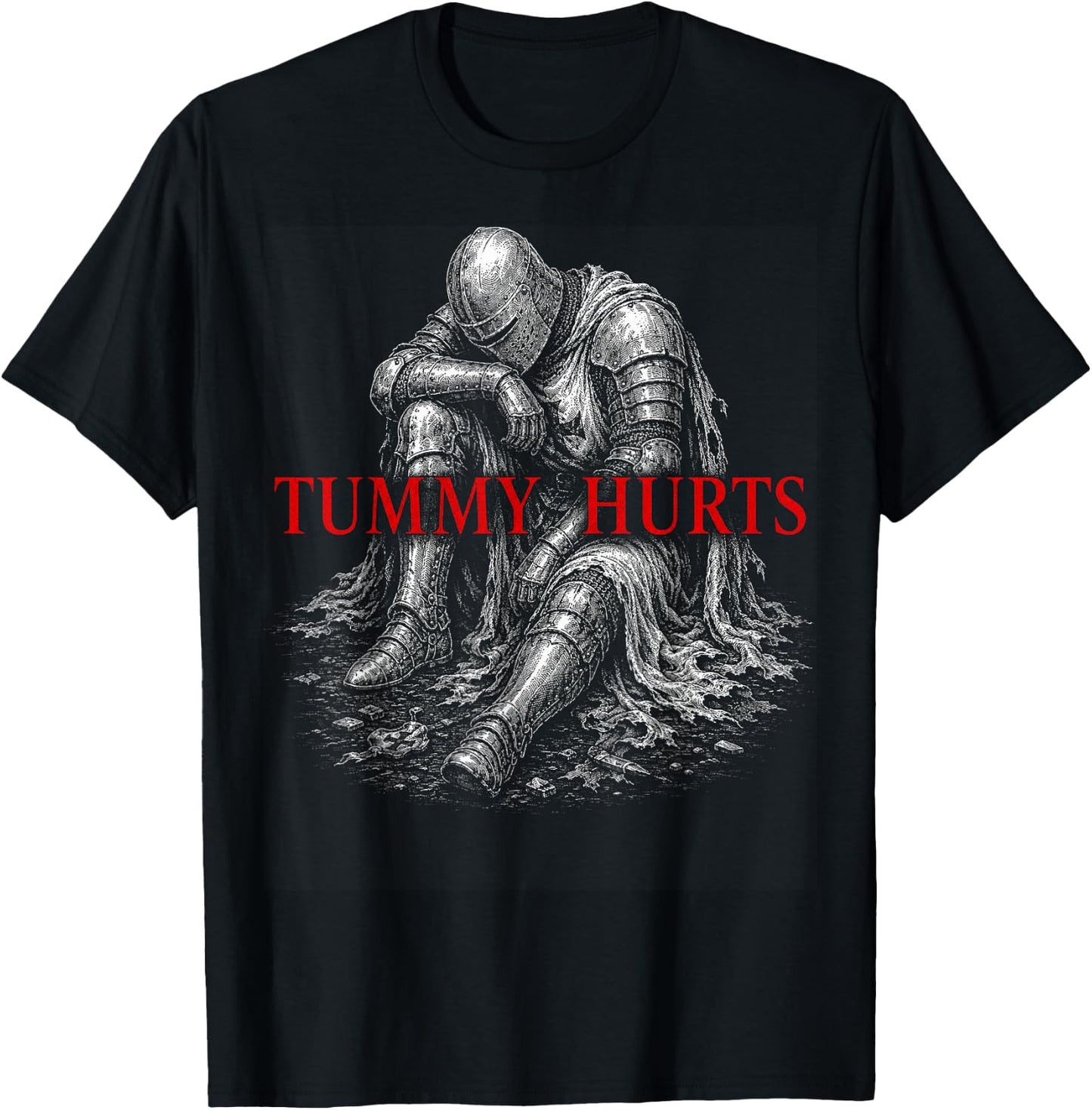 Tummy Hurts Funny Medieval Knight Gothic Art Dark Humor T-Shirt - T-Shirt | Black