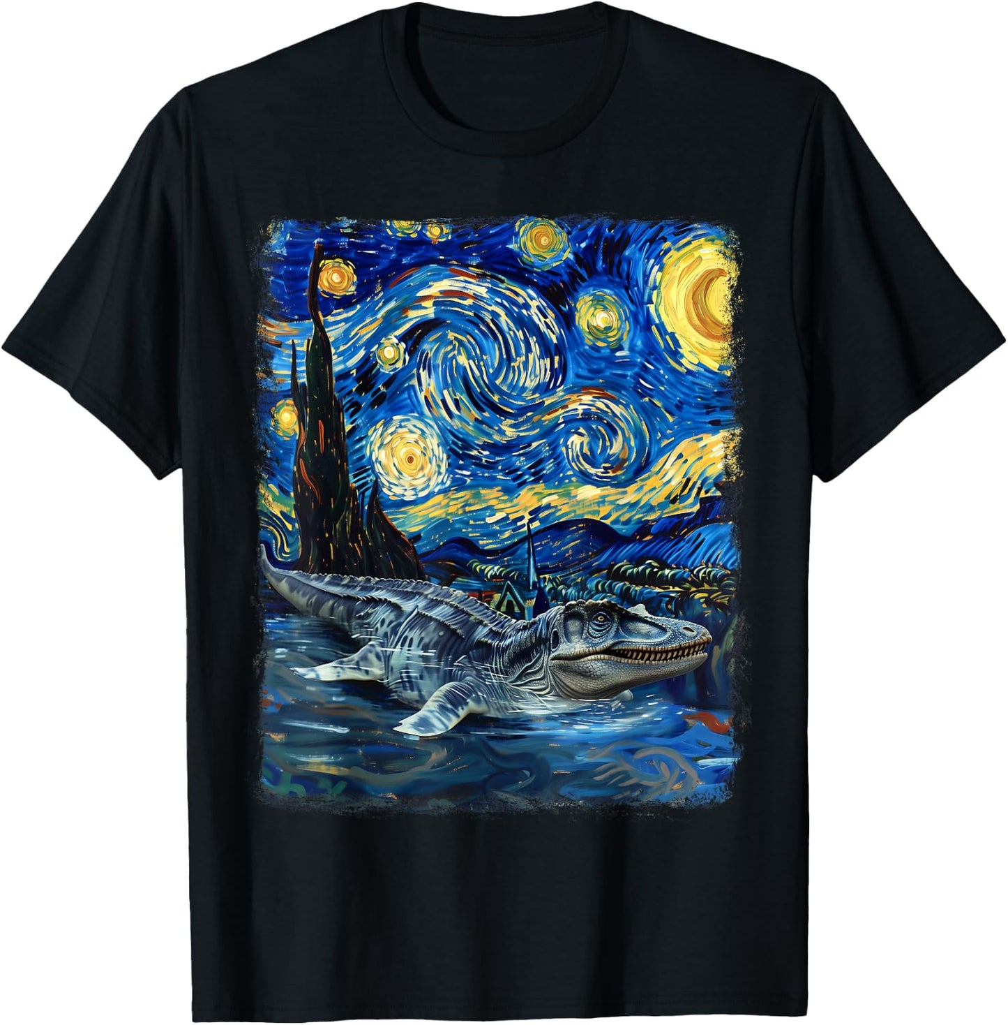 Mosasaurus Dinosaur Starry Night Painting T-Shirt - T-Shirt | Black