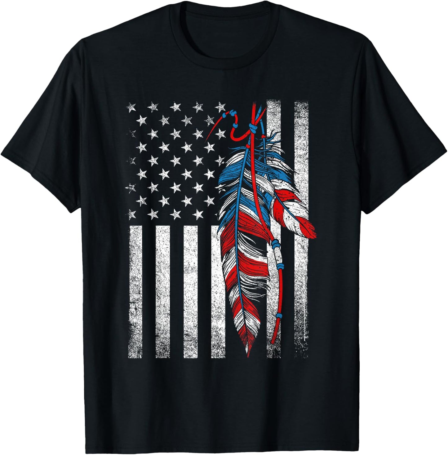 American Flag - Native Feather Pride Month Indigenous T-Shirt - T-Shirt | Black