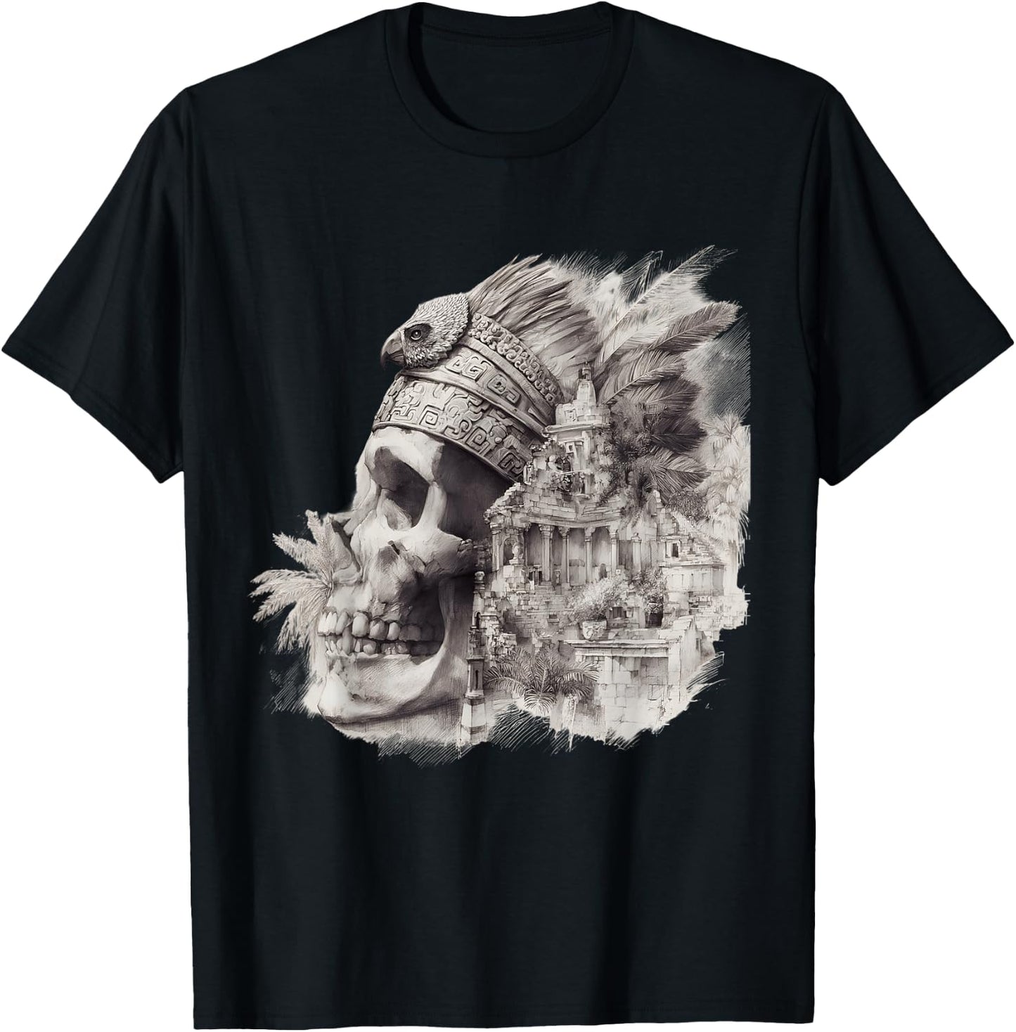 Mexican Maya Aztec Skull Native Maya Feathers Azteca T-Shirt - T-Shirt | Black