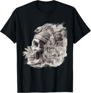 Mexican Maya Aztec Skull Native Maya Feathers Azteca T-Shirt - T-Shirt | Black