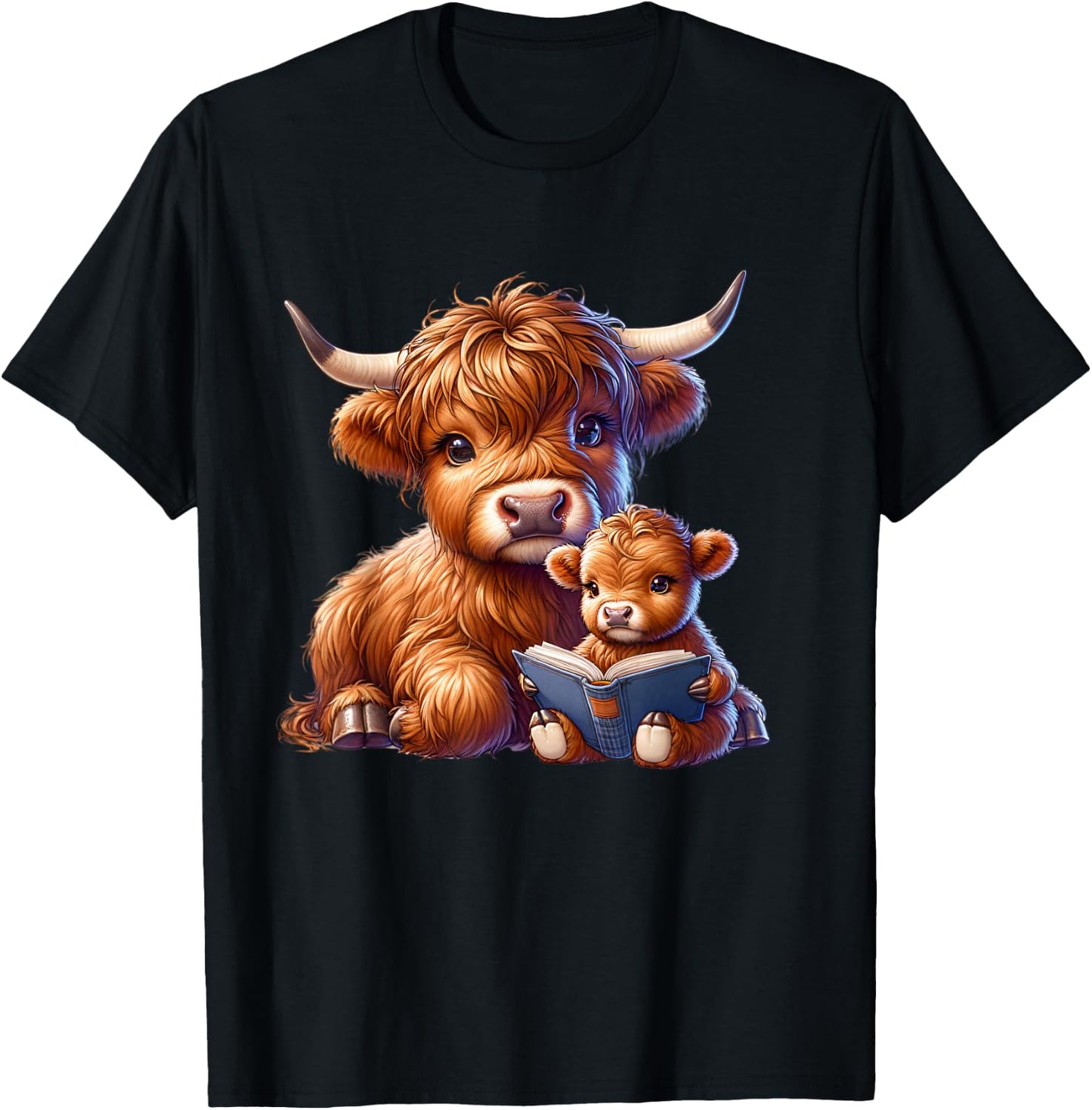Cow, Scottish Highland Cow with Baby Cow, Highland Cow T-Shirt - T-Shirt | Black