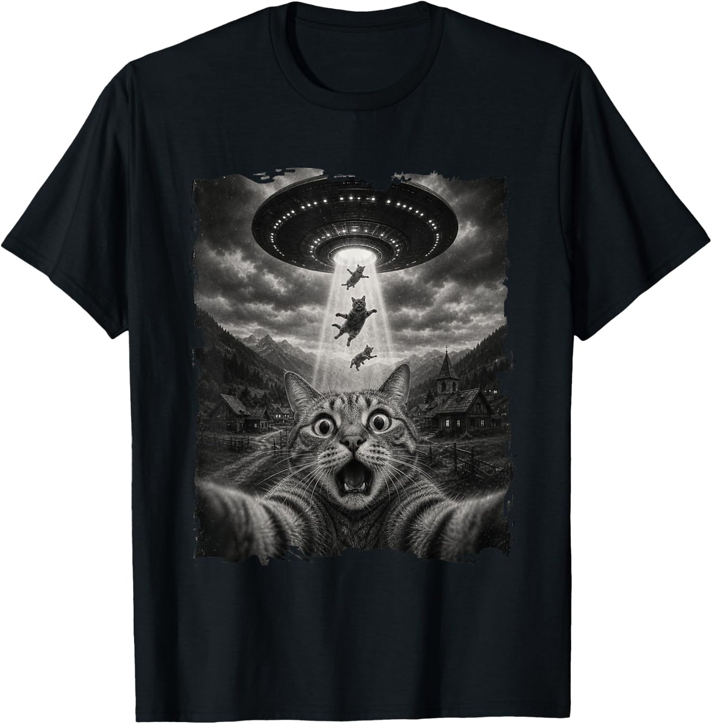 Funny Cat Seflie with Alien UFO Abduction Space Cat Meme T-Shirt - T-Shirt | Black