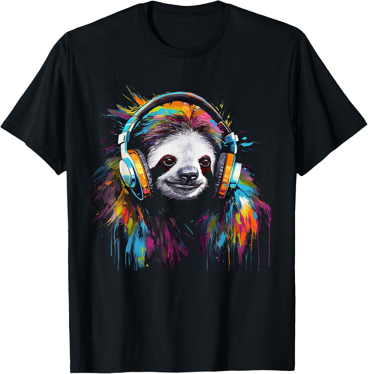 Sloth Artwork Music Animal Headphones Colourful Sloth T-Shirt - T-Shirt | Black