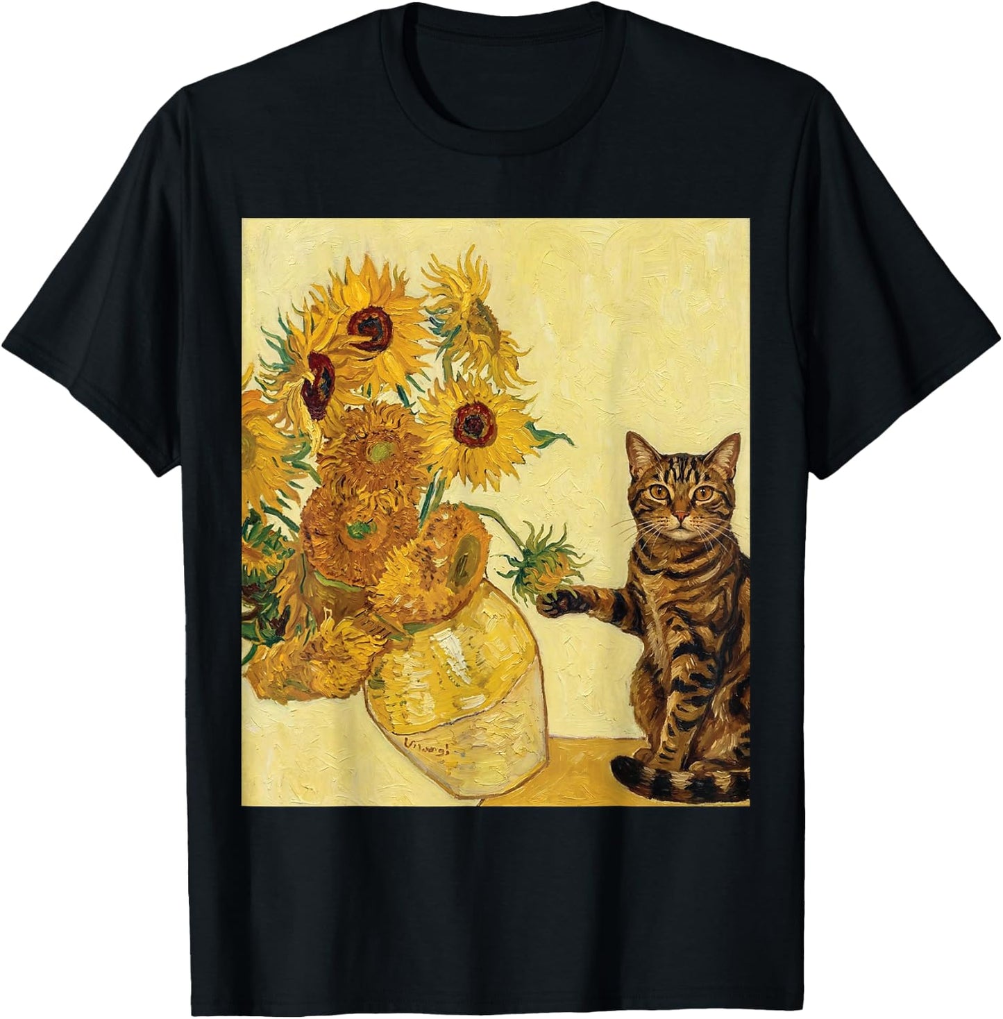 Funny Tabby Cat & Sunflowers Van Gogh Art Parody T-Shirt - T-Shirt | Black
