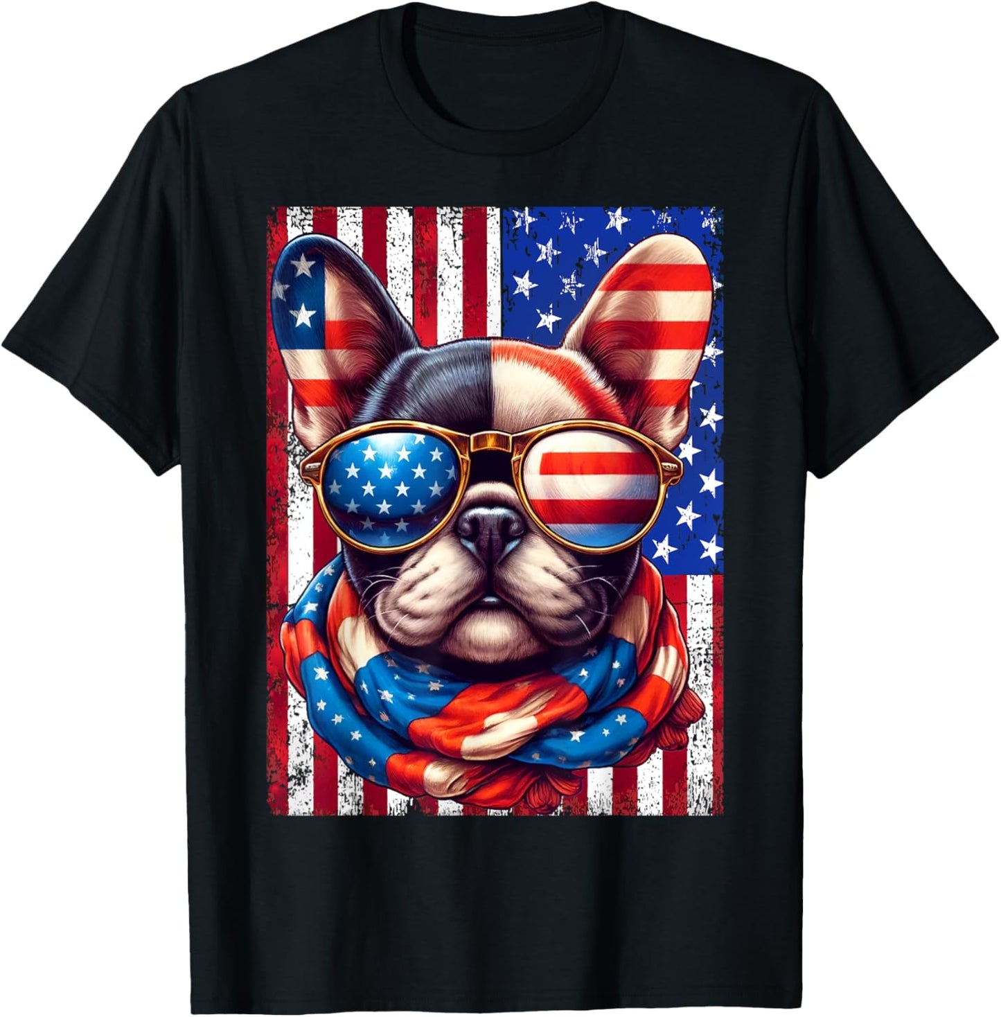 French Bulldog USA Flag Sunglasses 4th of July Patriotic Dog T-Shirt - T-Shirt | Black