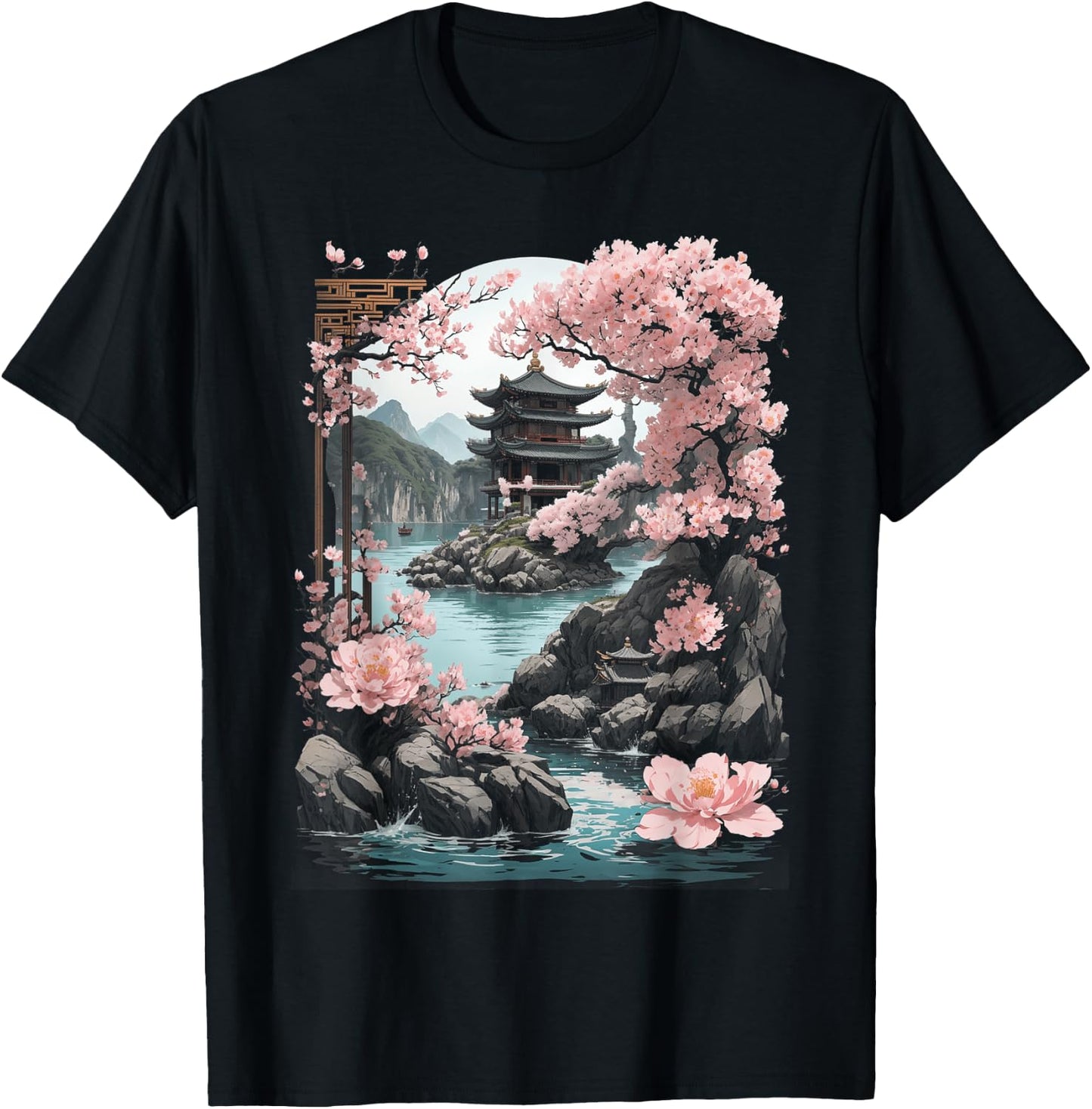 Japanese Chinese Temple Sakura Cherry Blossom Landscape T-Shirt - T-Shirt | Black