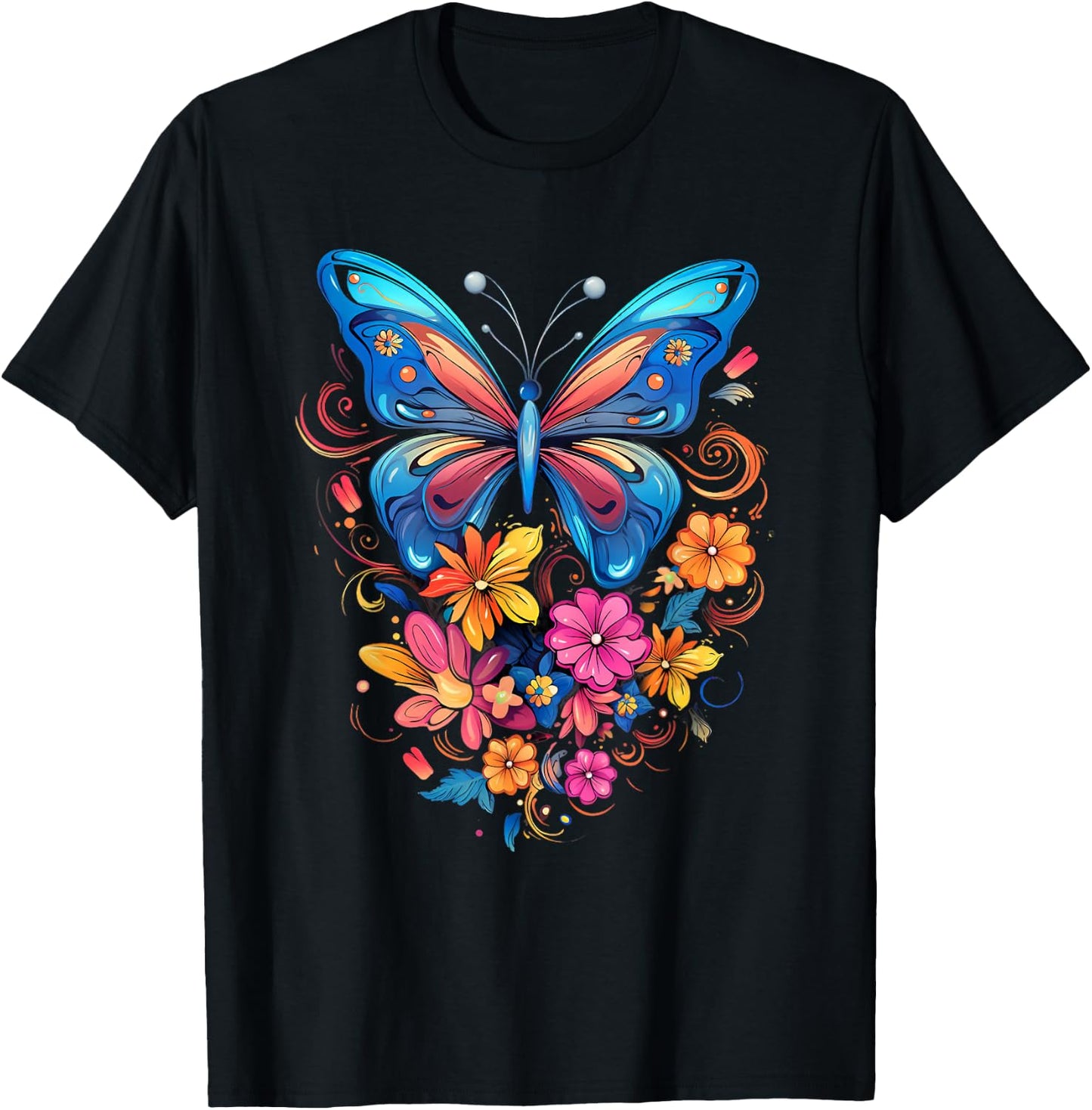 Butterfly with Flowers I Aesthetic Butterfly T-Shirt - T-Shirt | Black