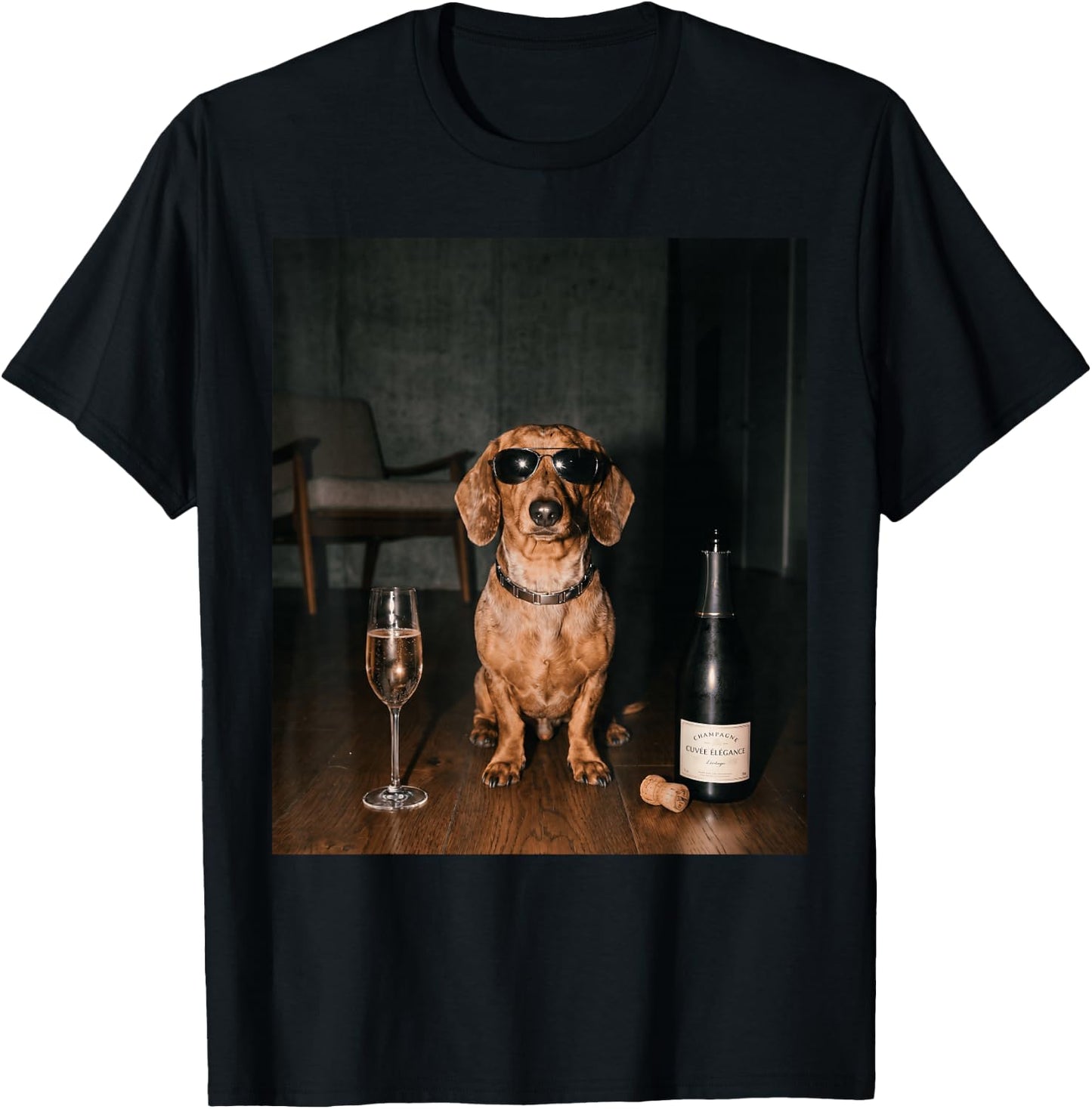 Dachshund Drinking Champagne Funny Fathers Day T-Shirt - T-Shirt | Black