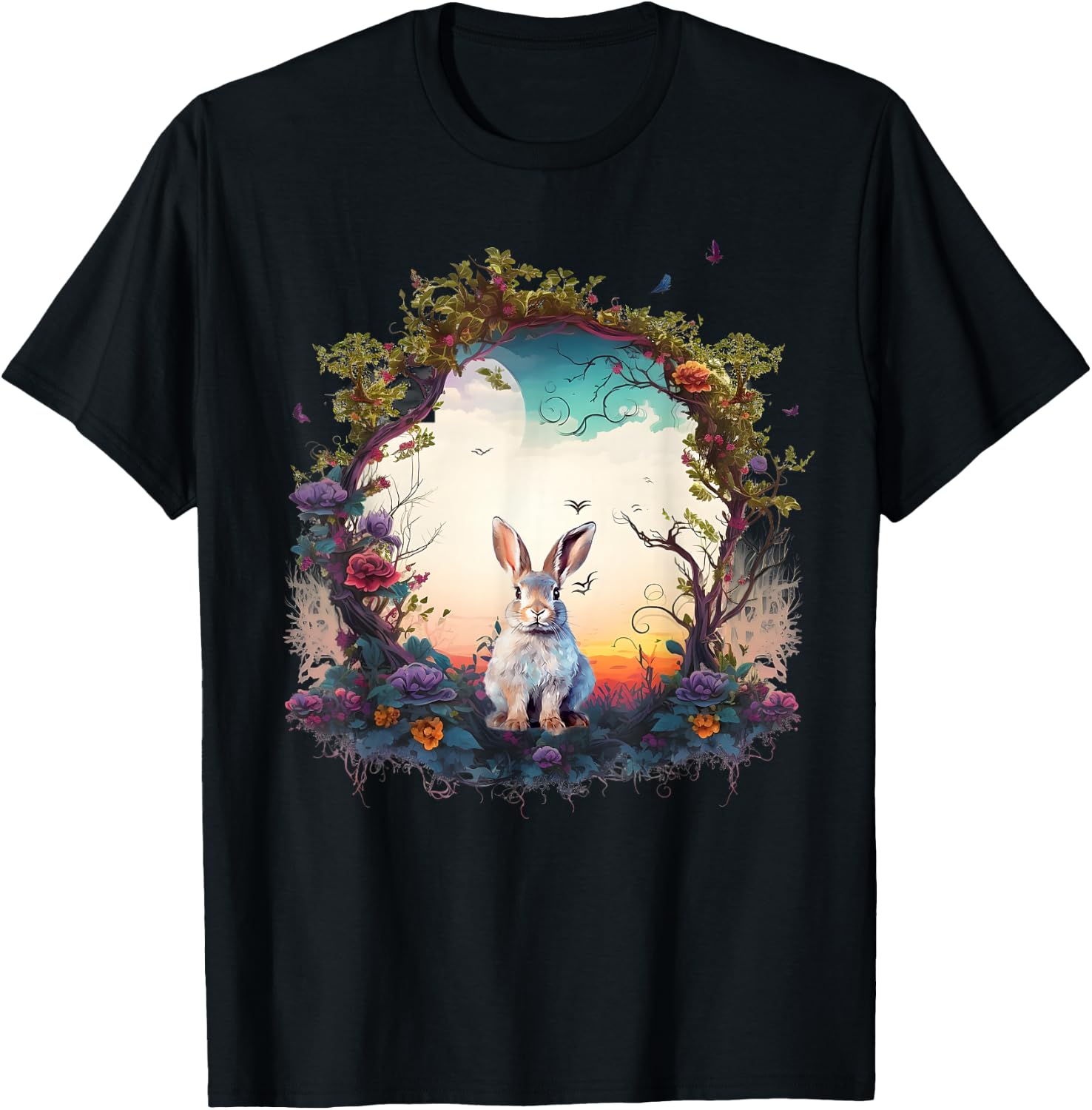 Mountain Woodland Animals Cute Rabbit Nature Floral T-Shirt - T-Shirt | Black
