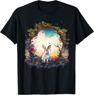 Mountain Woodland Animals Cute Rabbit Nature Floral T-Shirt - T-Shirt | Black