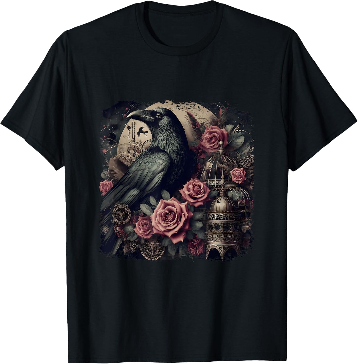 Gothic Raven Rose Enchanted Vintage Floral Crow Halloween T-Shirt - T-Shirt | Black