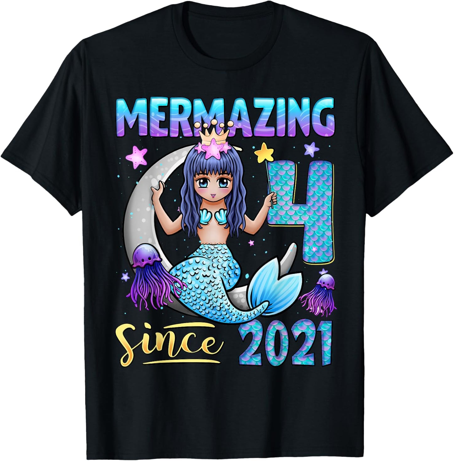 Mermaid Birthday Shirt 4 Years Old Mermaid 4th Birthday Girl T-Shirt - T-Shirt | Black