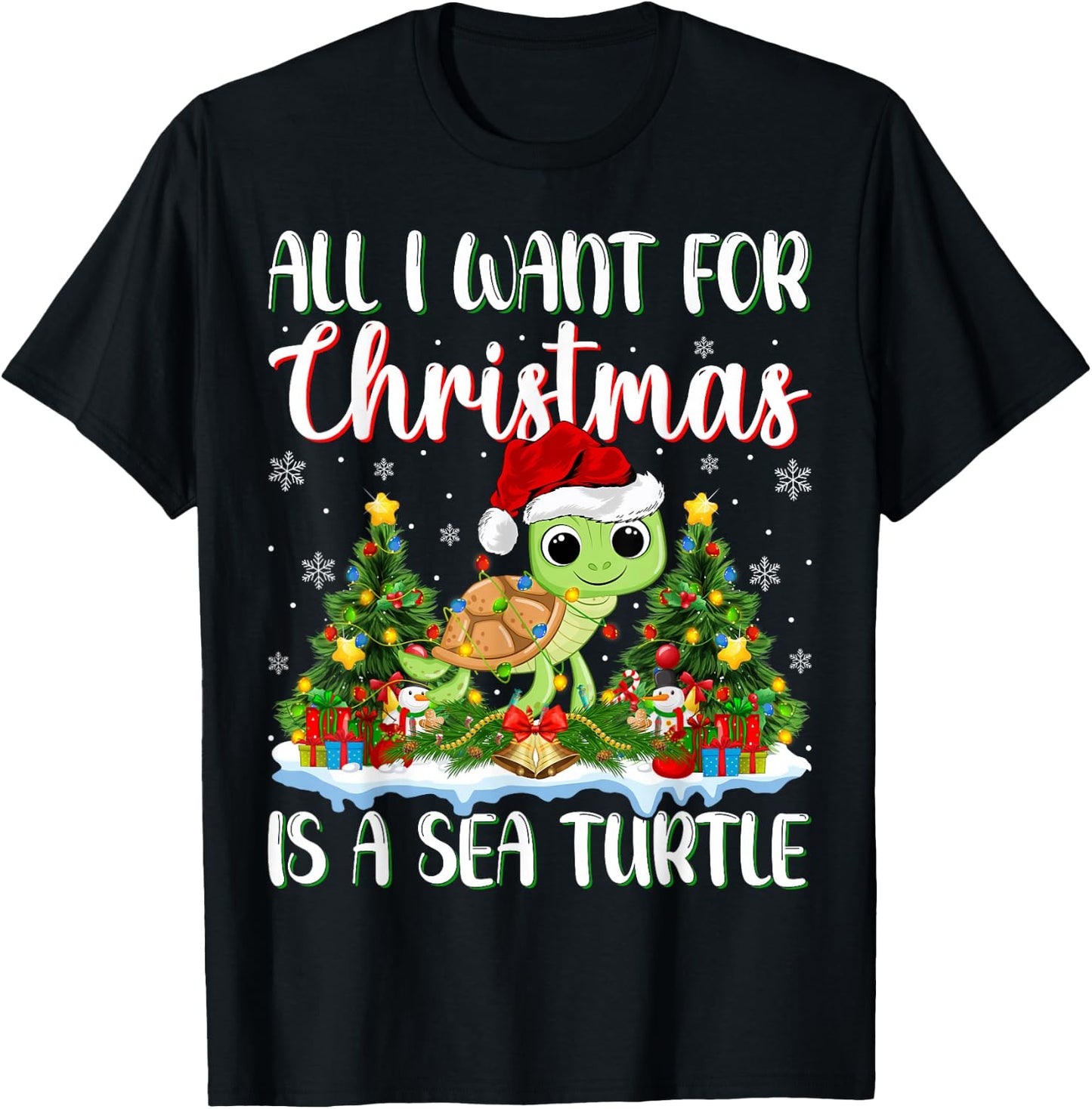 I Want For Christmas Is A Sea Turtle Xmas Tree Lights T-Shirt - T-Shirt | Black