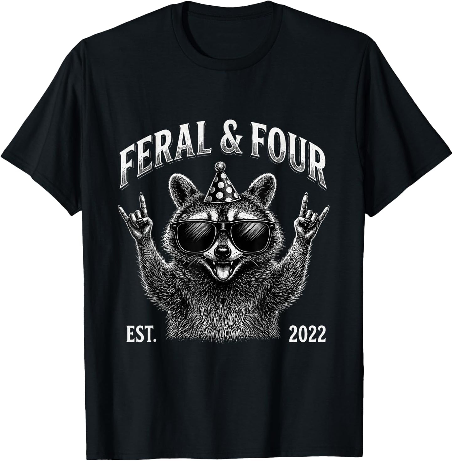 Funny Feral and Four Raccoon 4th Birthday Years Old Kid Boy T-Shirt - T-Shirt | Black