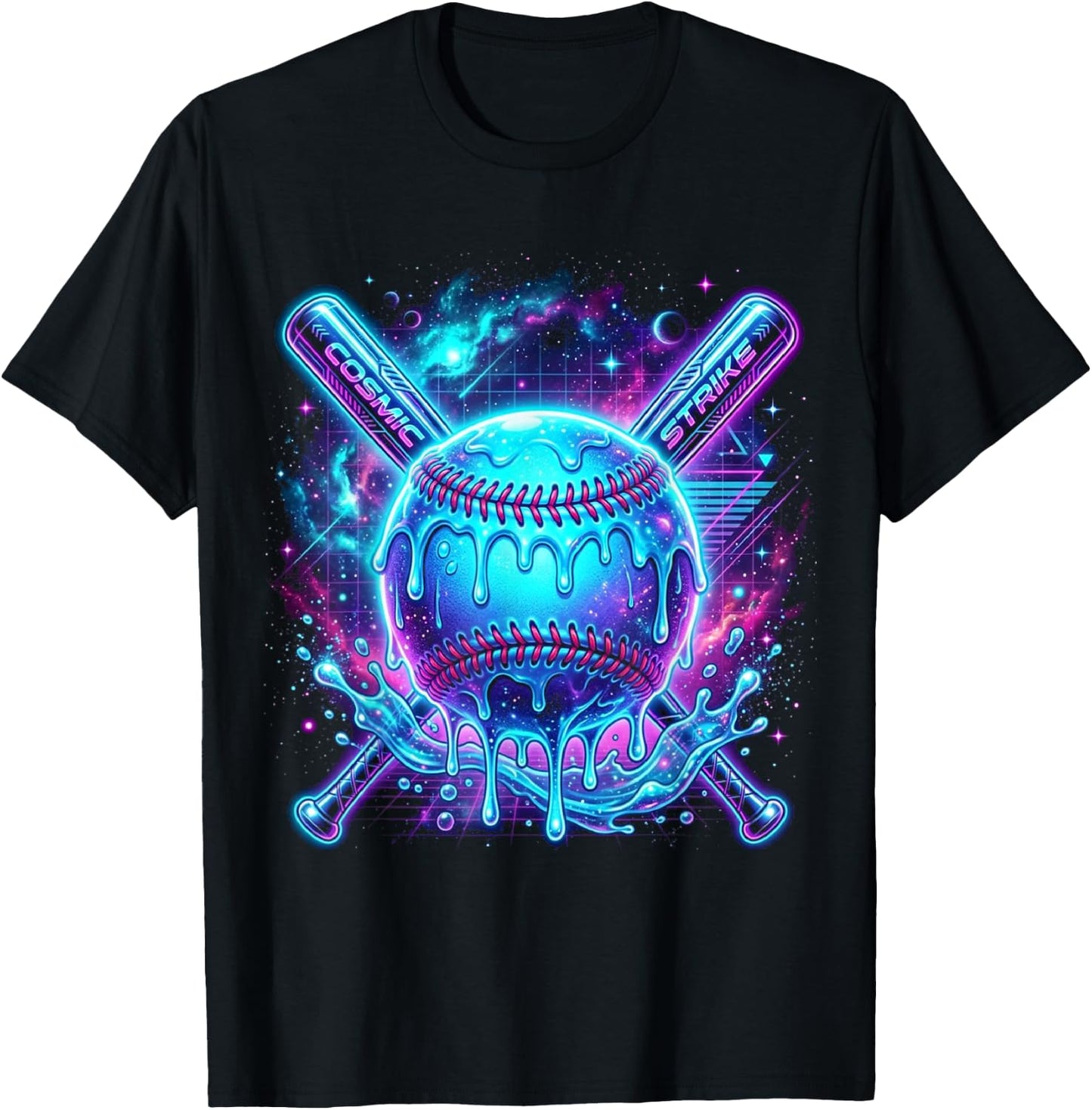 Cosmic Drip Baseball Glow Graphic Blue Vaporwave Aesthetic T-Shirt - T-Shirt | Black