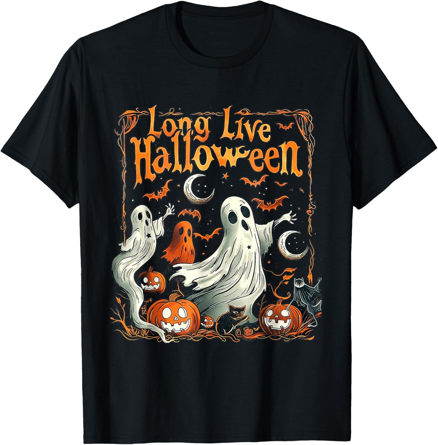 Retro Long Live Halloween Spooky Season Pumpkin Ghost T-Shirt - T-Shirt | Black