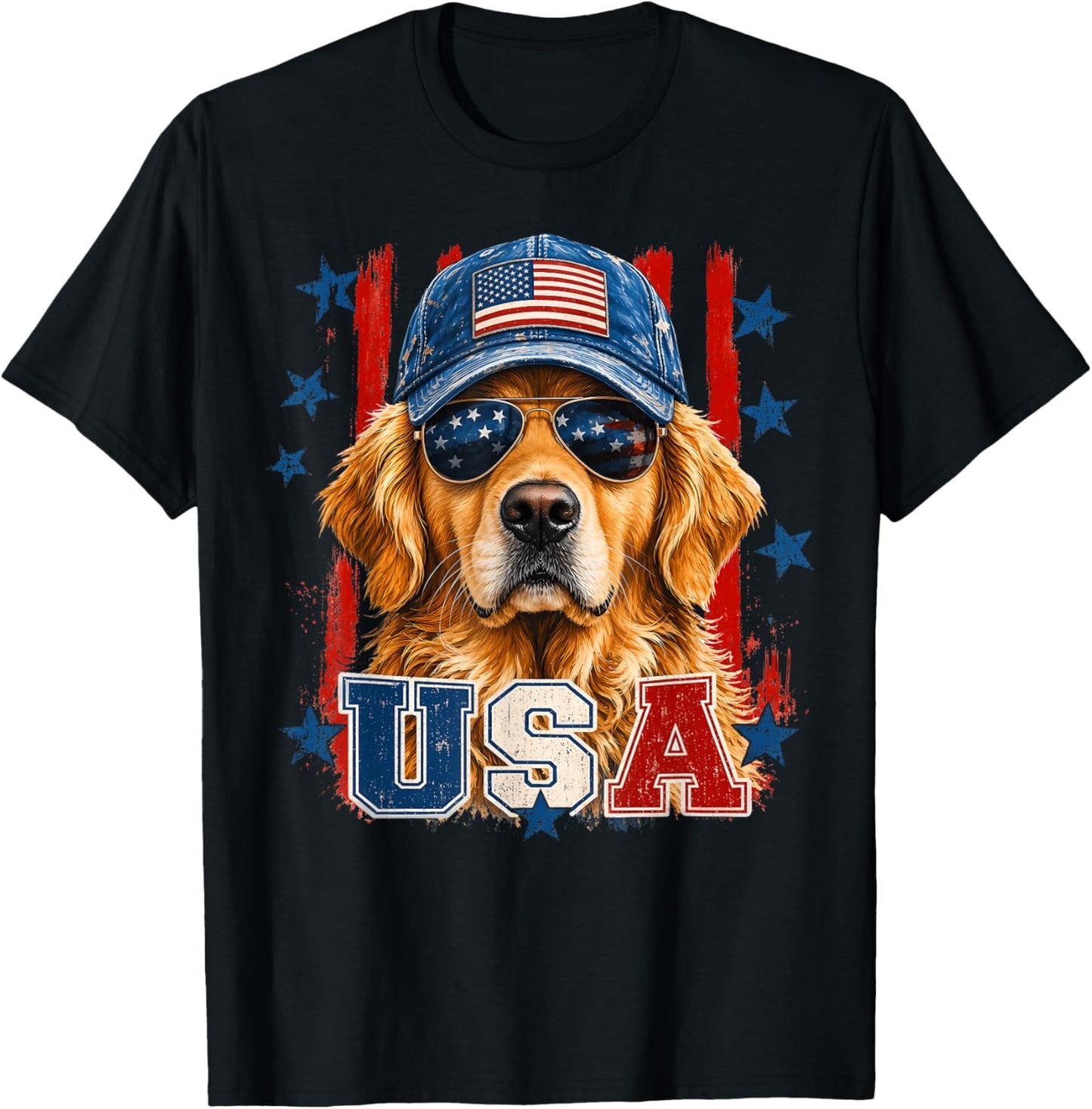 American Flag Golden Retriever USA Retro 4th of July T-Shirt - T-Shirt | Black
