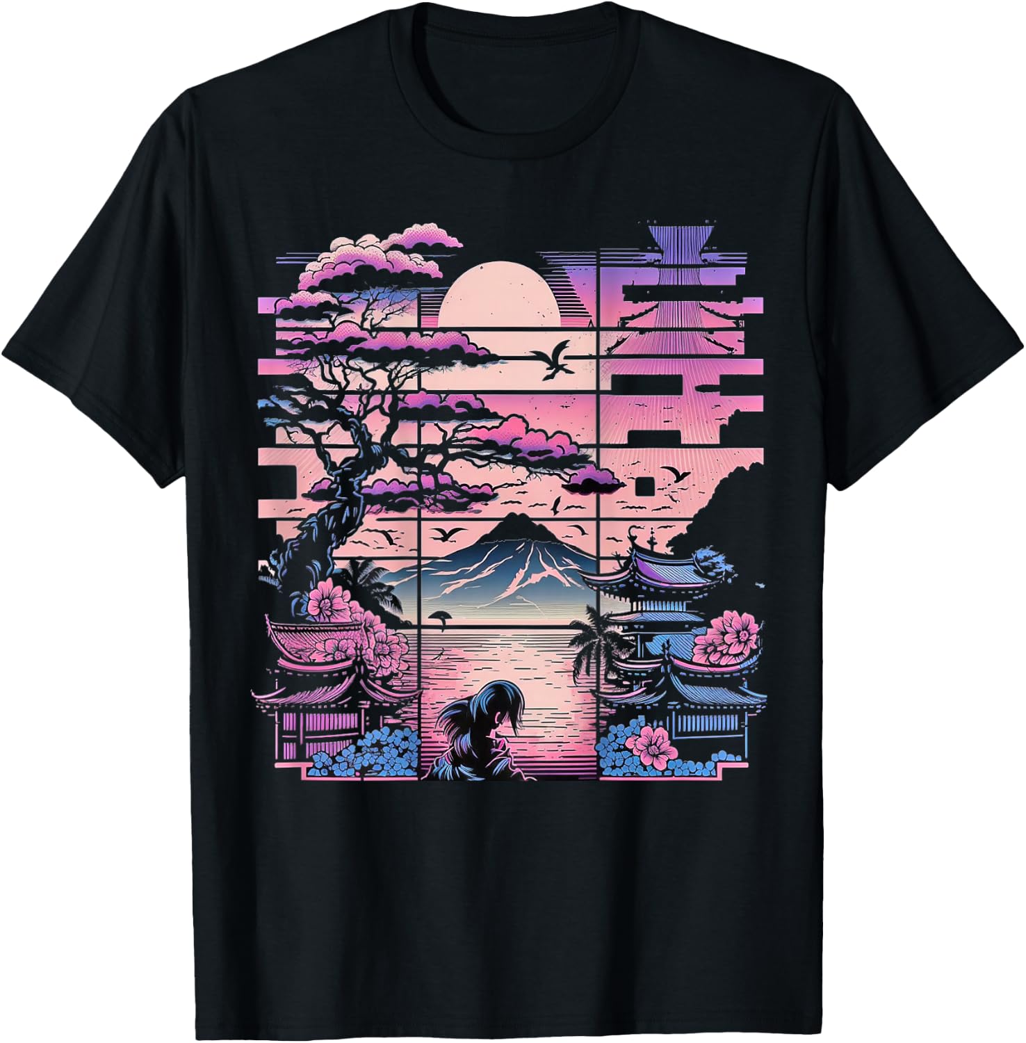 Backprint Japan Aesthetic Vaporwave Cherry Blossom T-Shirt - T-Shirt | Black