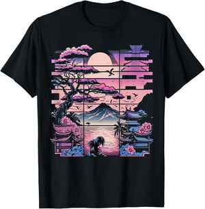 Backprint Japan Aesthetic Vaporwave Cherry Blossom T-Shirt - T-Shirt | Black