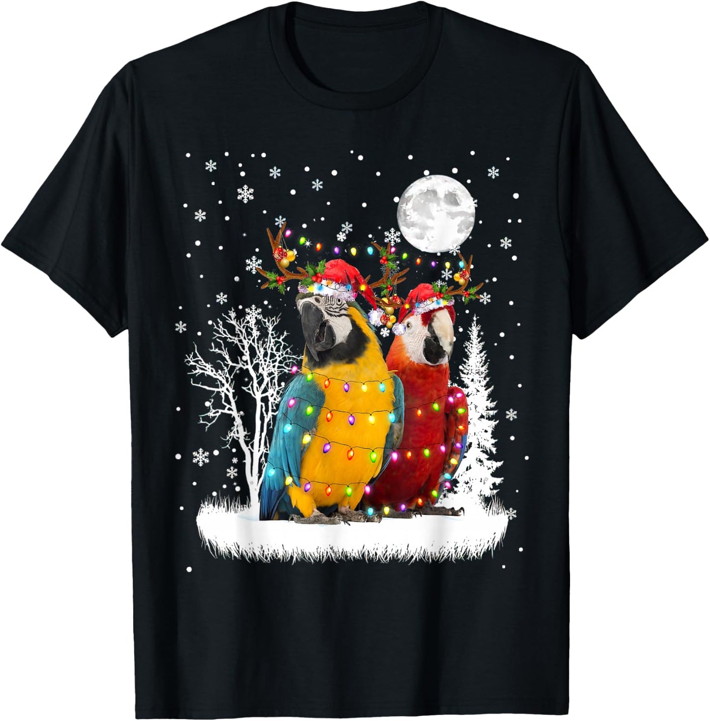 Parrot Under Moonlight Snow Christmas Pajama T-Shirt - T-Shirt | Black