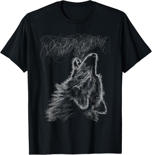 Wolf Howling Scribble Head Art Sketch for Lover Wolves Wild T-Shirt - T-Shirt | Black