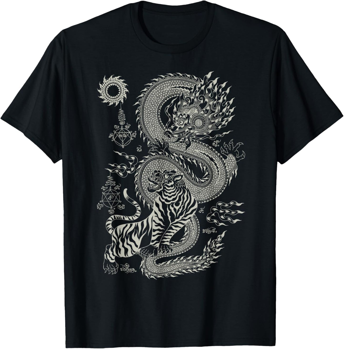 Thai Talisman Tiger Dragon Thailand Traditional Art Graphic T-Shirt - T-Shirt | Black