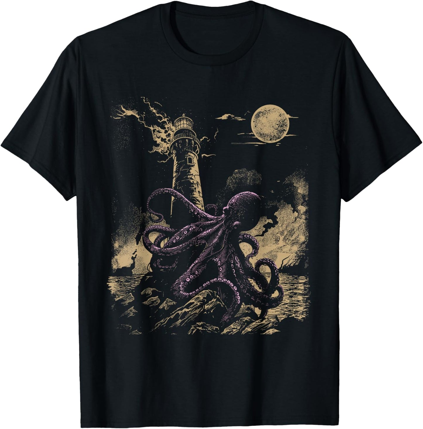 Nautical Lighthouse Octopus T-Shirt - T-Shirt | Black