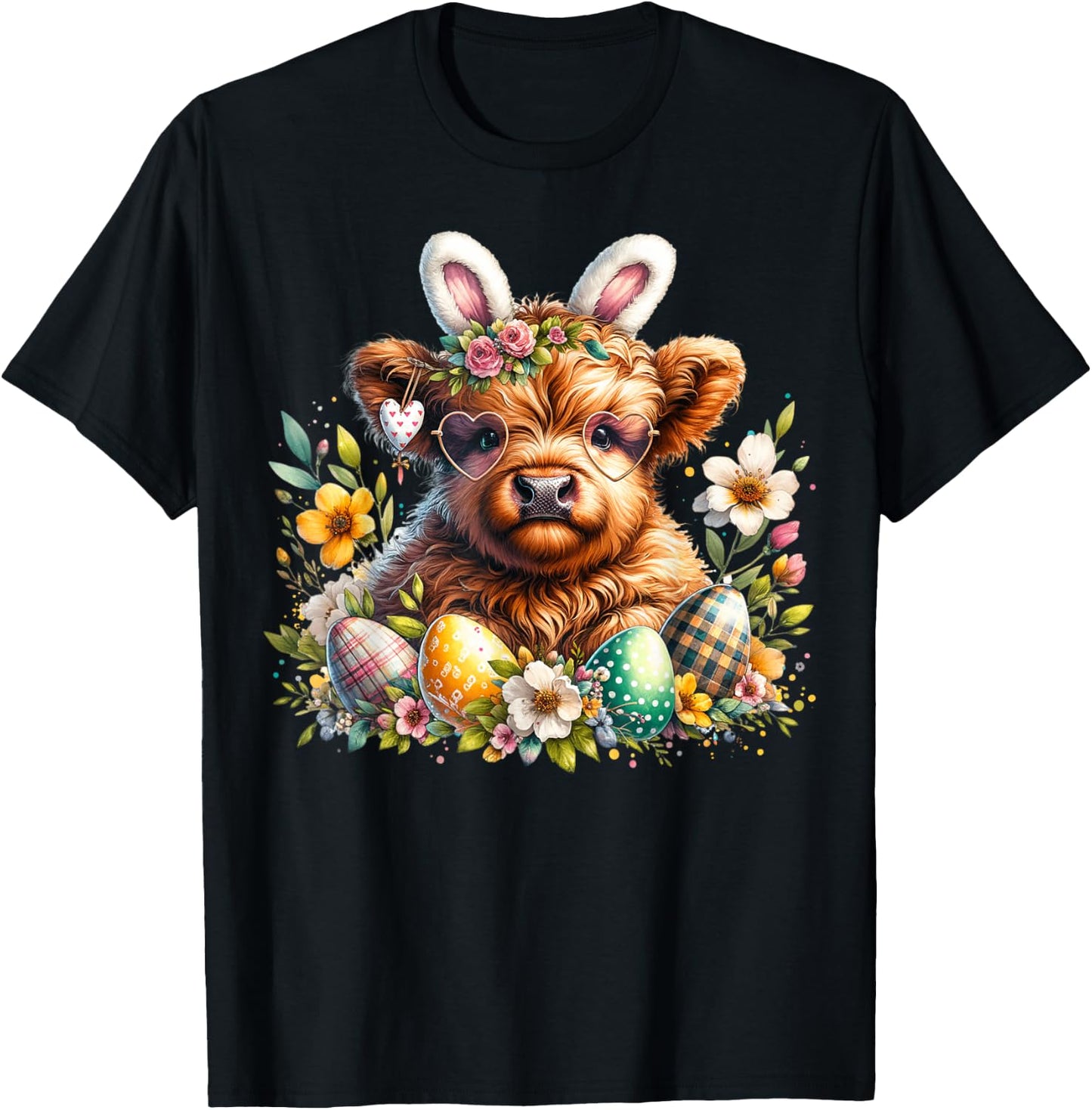 Highland Cow Easter Bunny Moo Basket Egg Floral Women Girls T-Shirt - T-Shirt | Black