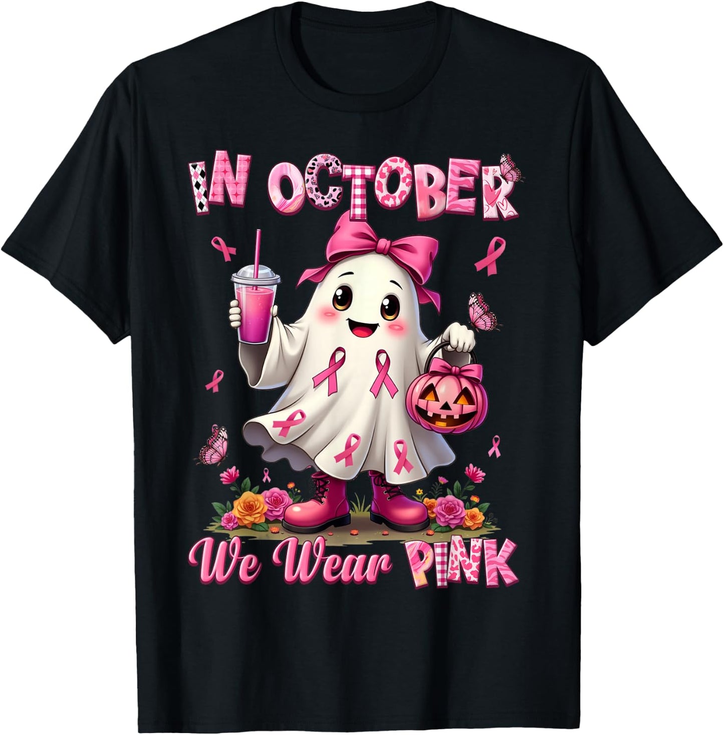 In October We Wear Pink Ghost Breast Cancer Awareness T-Shirt - T-Shirt | Black