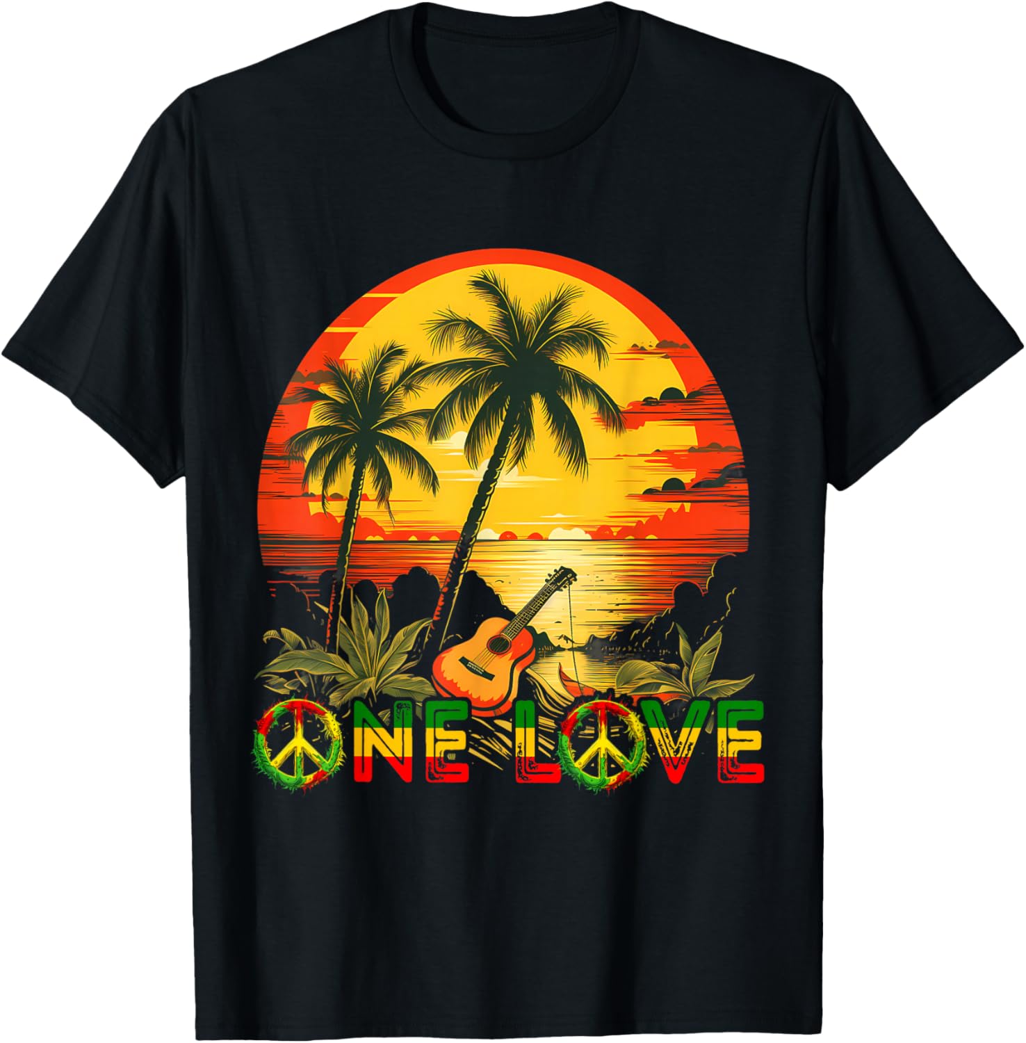 Rasta Reggae Sunset Guitarist Guitar Jamaica Reggae Music , black T-Shirt - T-Shirt | Black