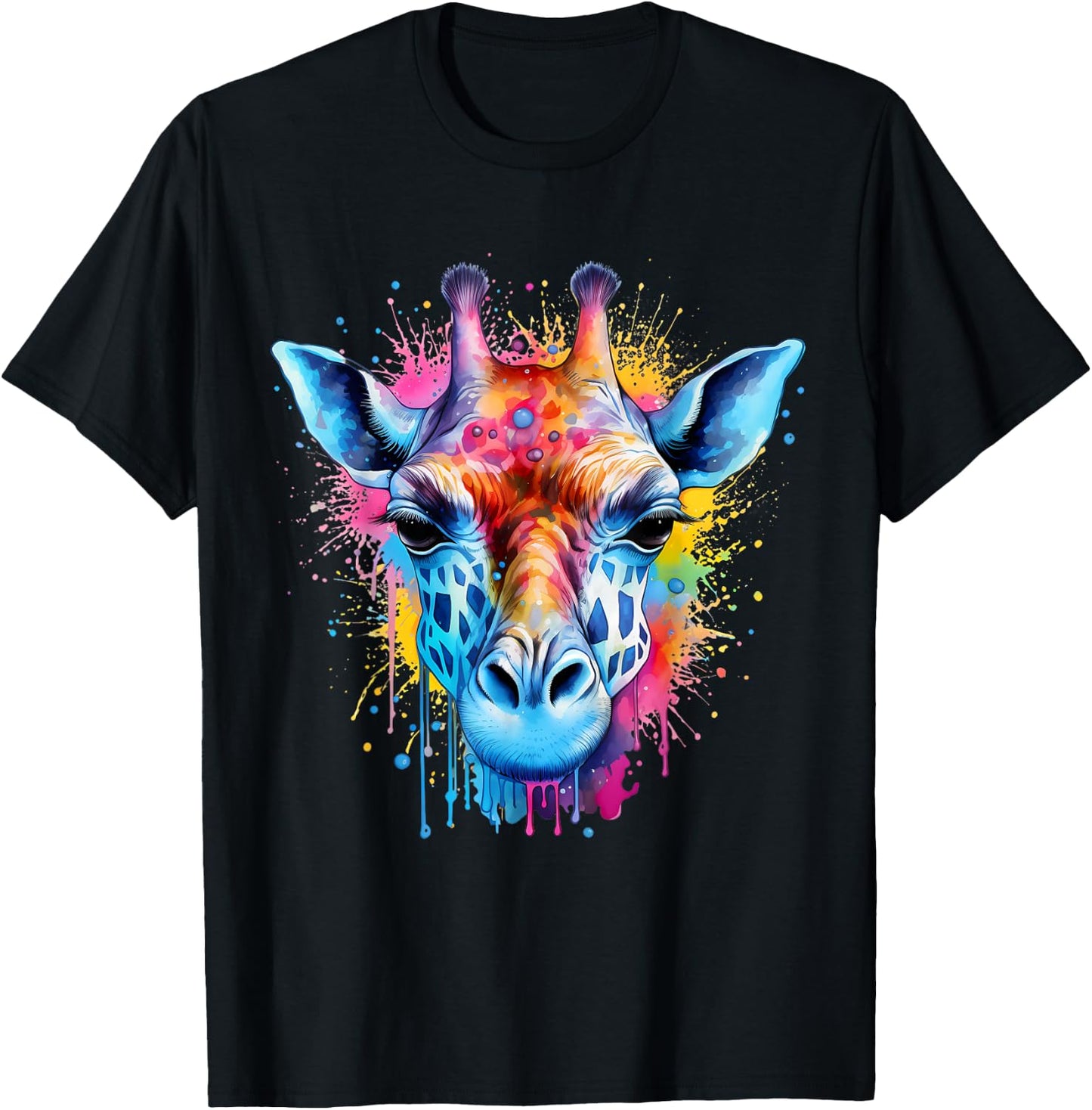 Giraffe Wildlife Artwork Portrait Colorful Splash Savanna T-Shirt - T-Shirt | Black