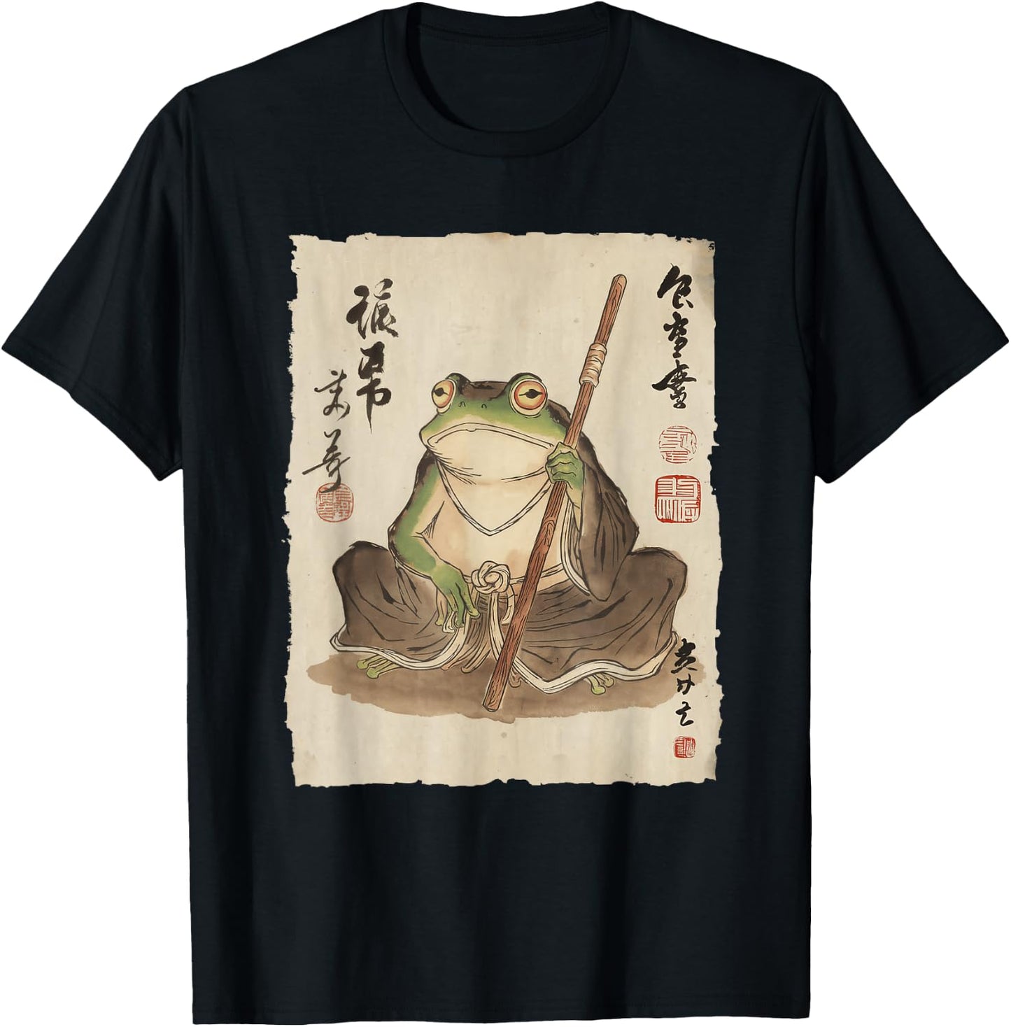 Frog Monk with Staff Japanese Ink Art Women Kids T-Shirt - T-Shirt | Black