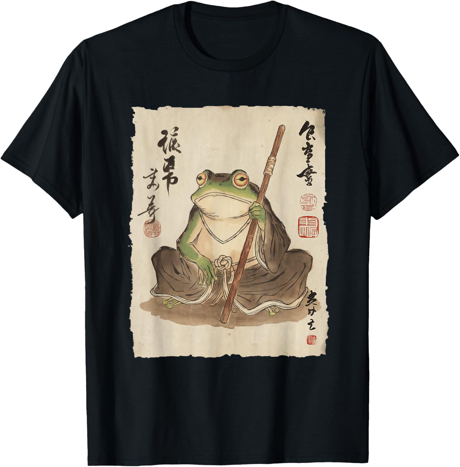Frog Monk with Staff Japanese Ink Art Women Kids T-Shirt - T-Shirt | Black