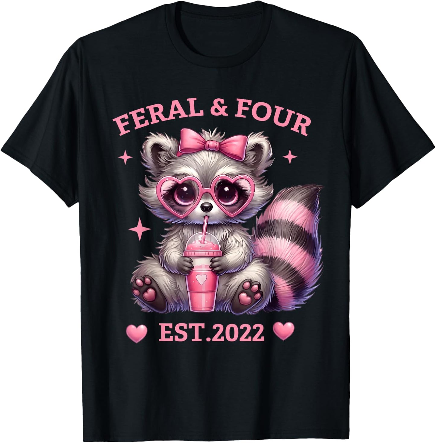 Feral and Four Est 2022 Pink Bow Cute Raccoon 4th Birthday T-Shirt - T-Shirt | Black