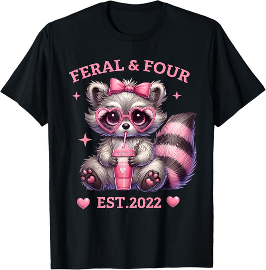 Feral and Four Est 2022 Pink Bow Cute Raccoon 4th Birthday T-Shirt - T-Shirt | Black