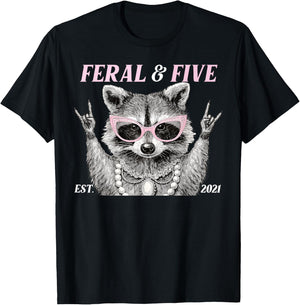 Funny 5 Year Old Feral and Five Raccoon 5th Birthday Girl T-Shirt - T-Shirt | Black