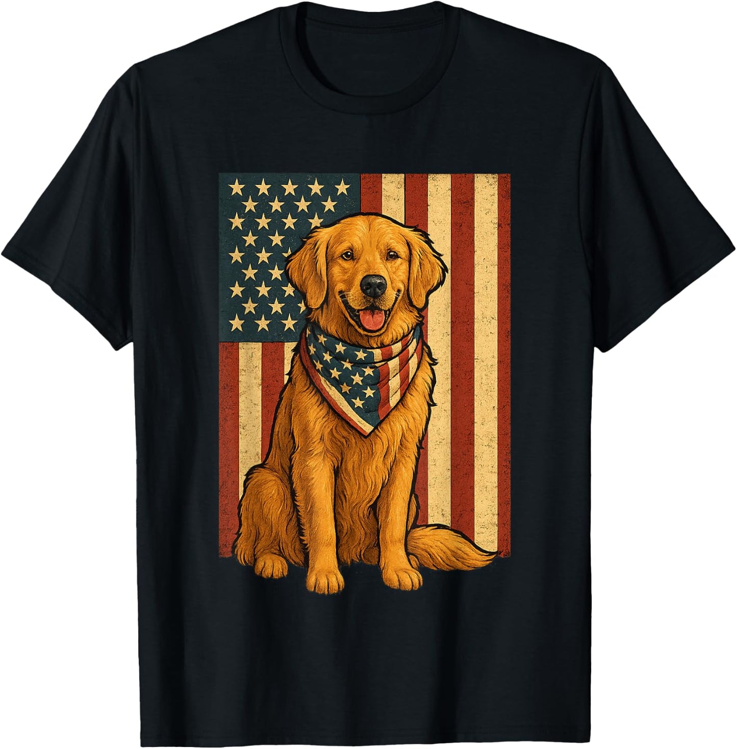 Golden Retriever American Flag Bandana 4th of July T-Shirt - T-Shirt | Black