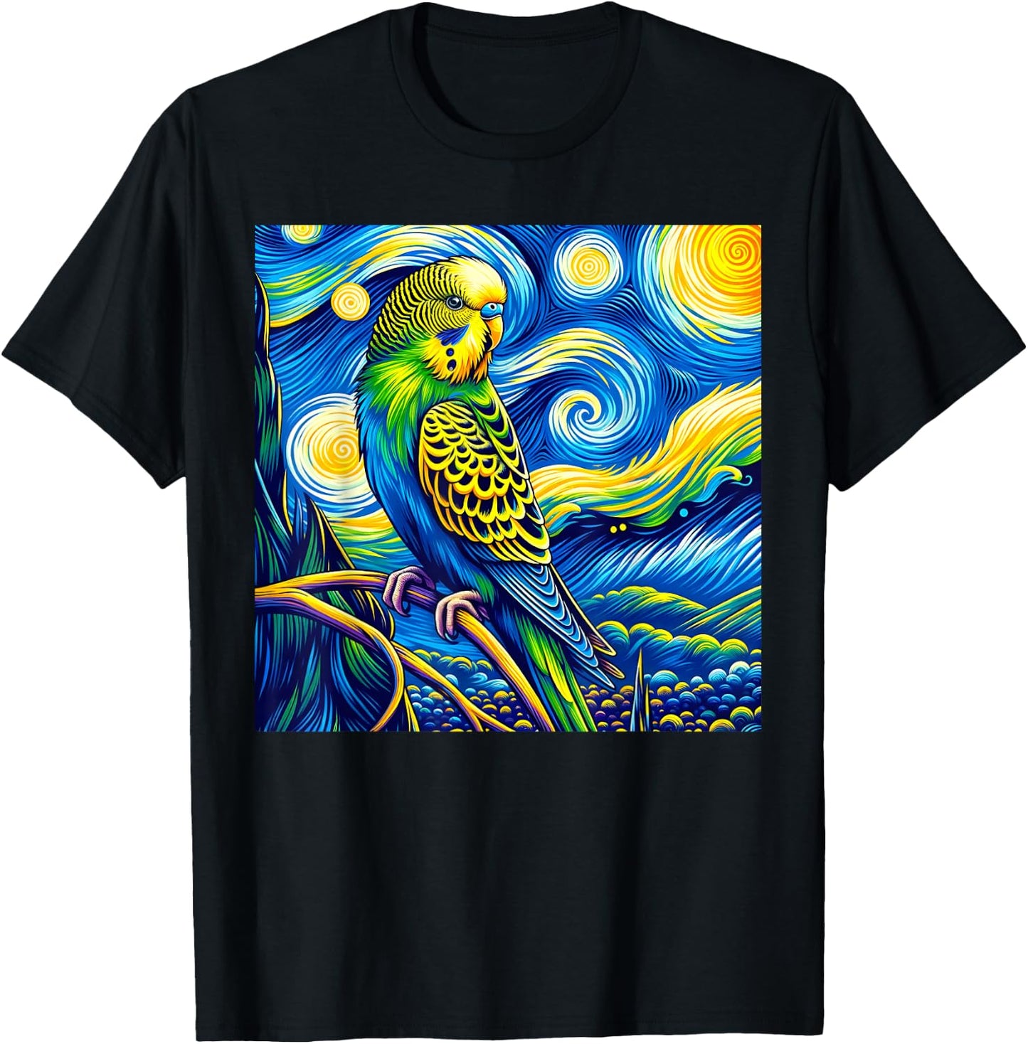 Budgie Parakeet Parrot Budgerigar Bird Starry Night Van Gogh T-Shirt - T-Shirt | Black
