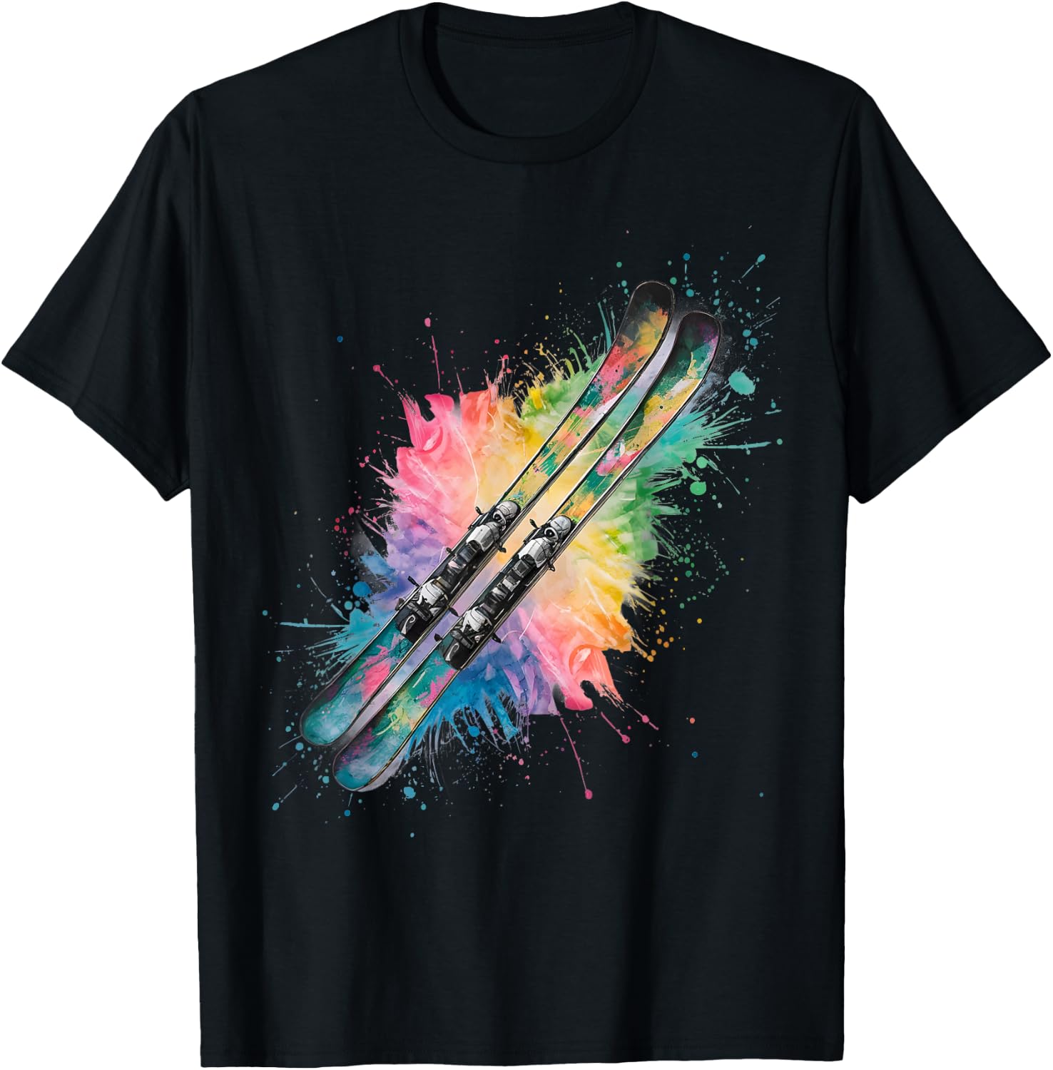 Skifahren Herren Damen Bunt Aquarell Skifahren T-Shirt - T-Shirt | Black