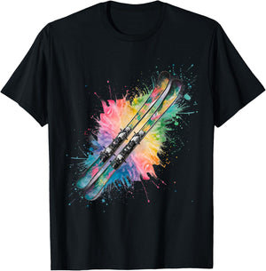 Skifahren Herren Damen Bunt Aquarell Skifahren T-Shirt - T-Shirt | Black