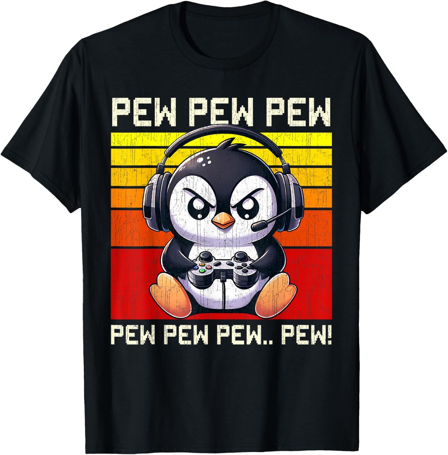 Penguin Gamer Pew Funny Video Games Vintage Boys Men Girls T-Shirt - T-Shirt | Black