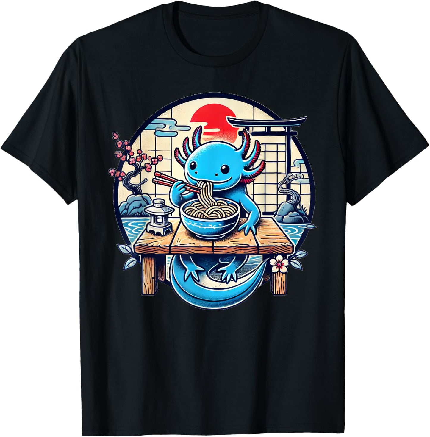 Kawaii Axolotl Eating Ramen Noodles Japanese T-Shirt - T-Shirt | Black