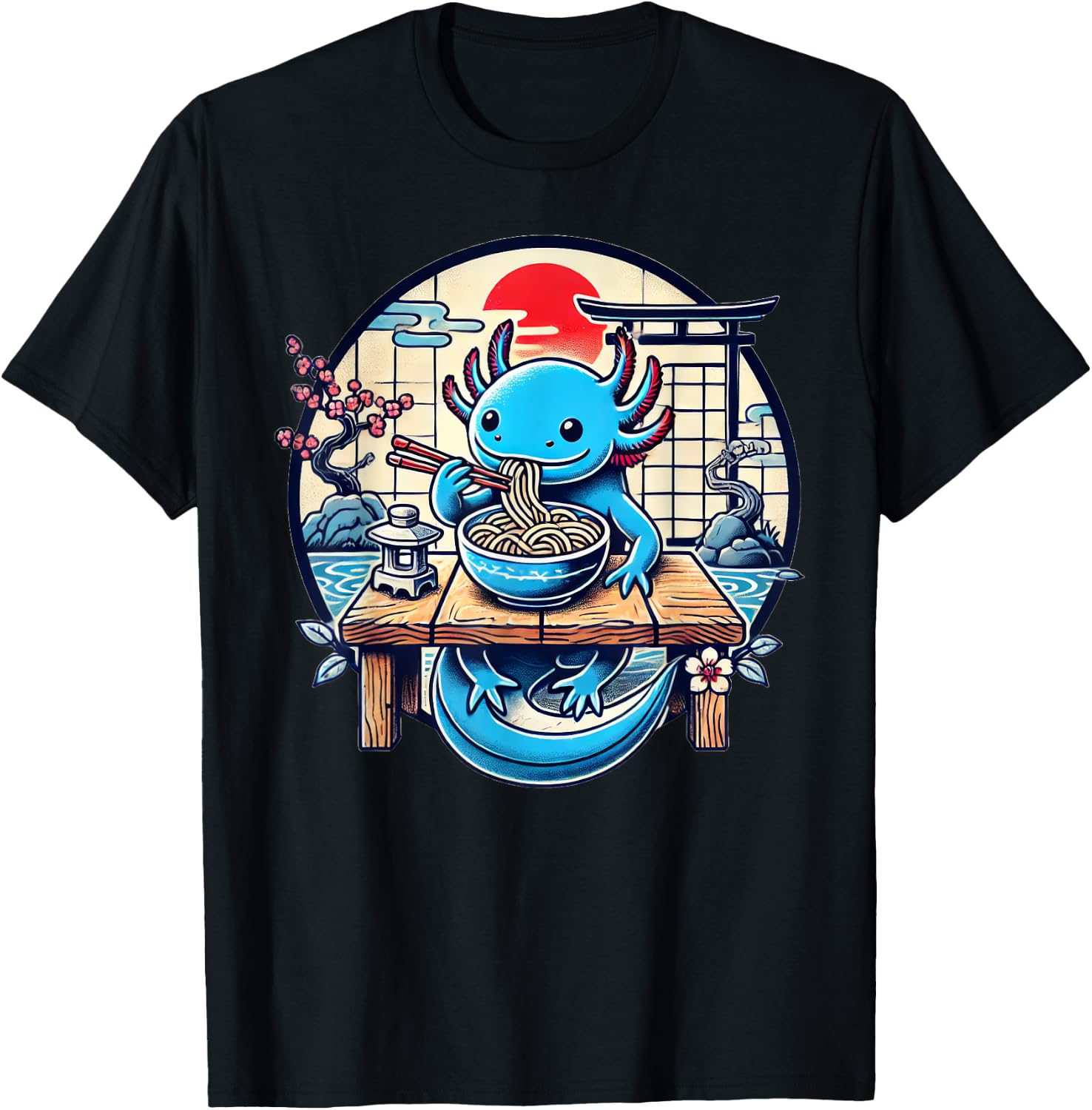 Kawaii Axolotl Eating Ramen Noodles Japanese T-Shirt - T-Shirt | Black